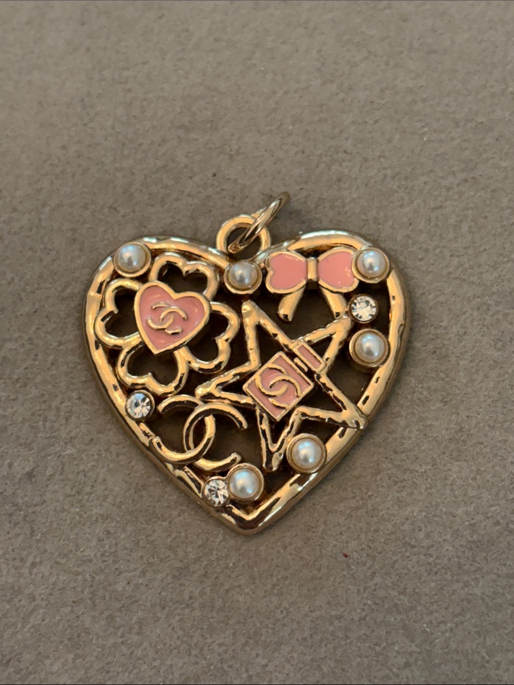 Gold & Pink Heart Charm Pendant with Pearls and Crystals
